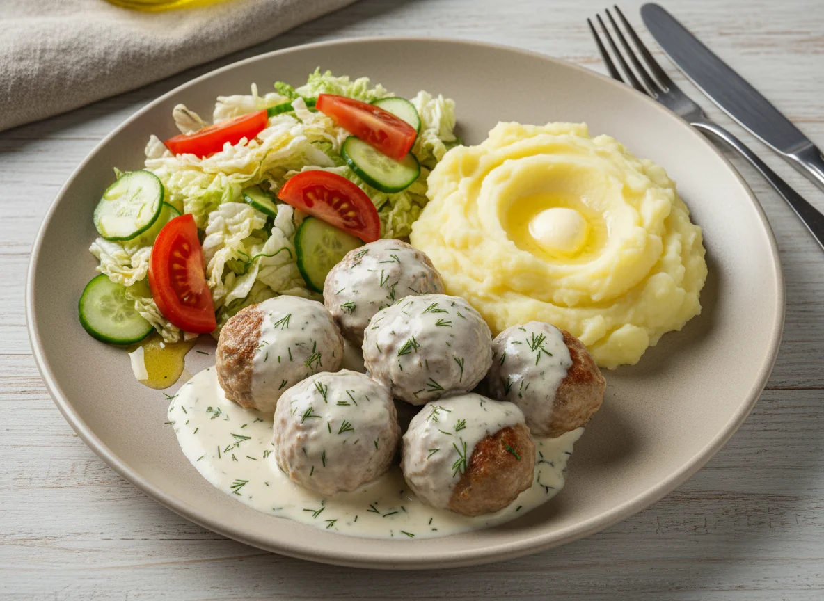 Фрикадельки в соусе с салатом и картофельным пюре photo