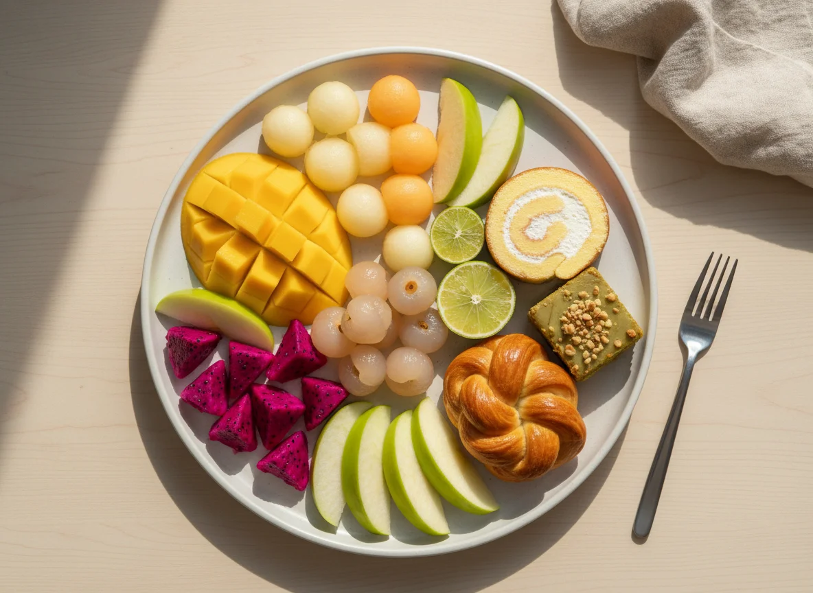 Фруктовая тарелка с десертами photo