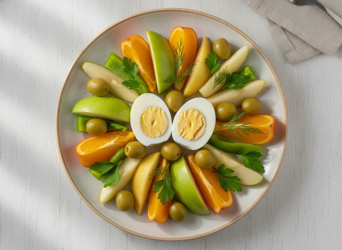 Фруктово-овощная тарелка с яйцами и оливками photo