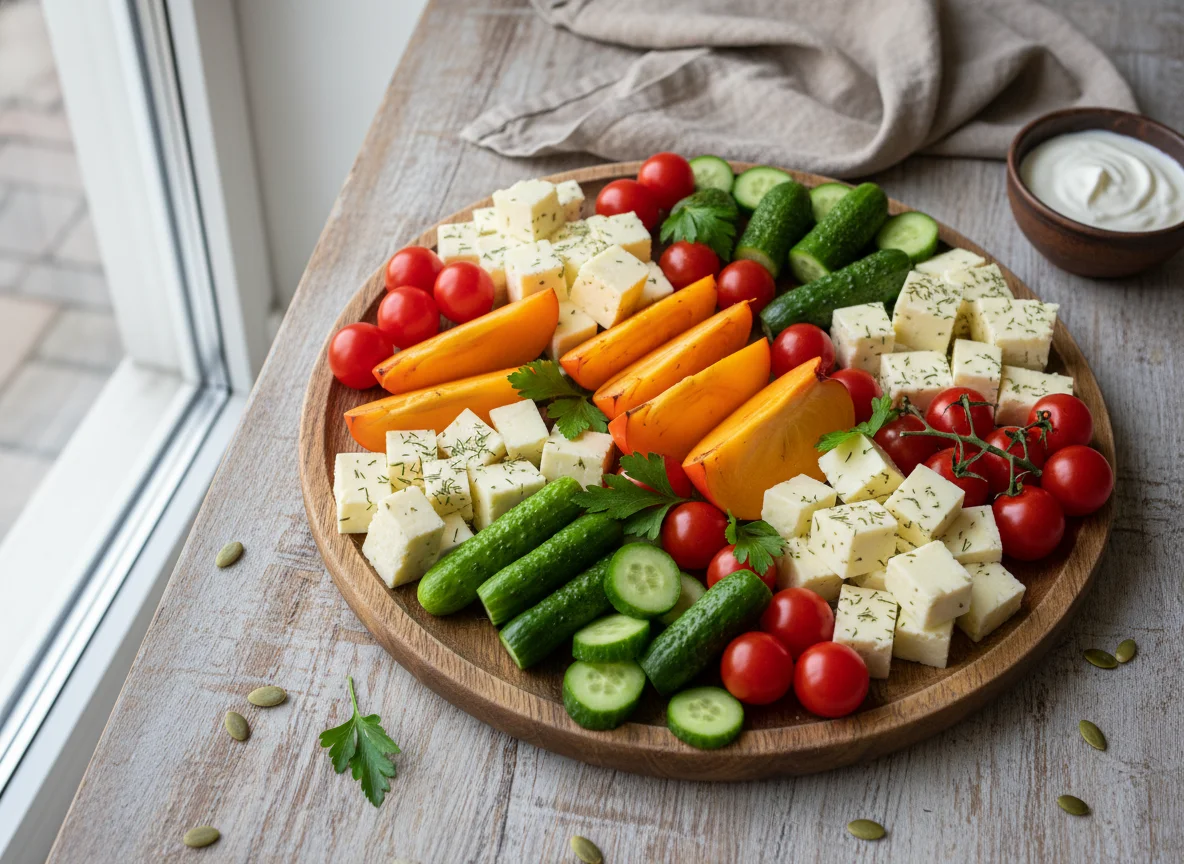 Фруктово-овощная тарелка с сыром photo