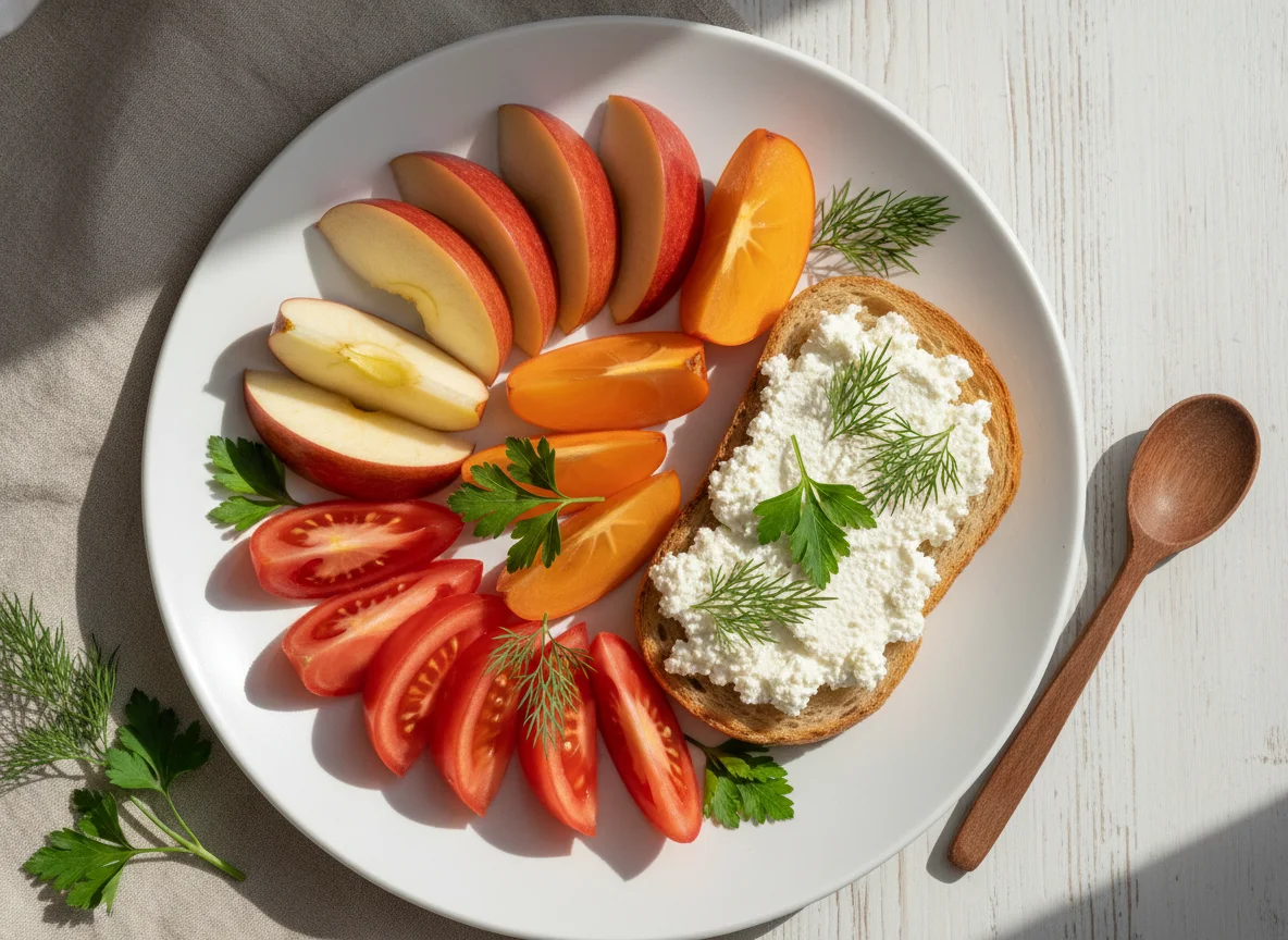 Фруктово-овощная тарелка с тостом photo