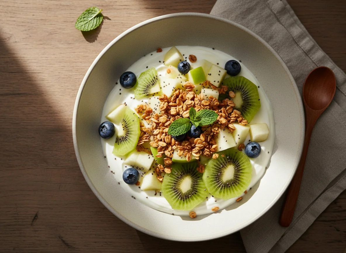 Фруктовый салат с йогуртом, гранолой и семенами чиа photo