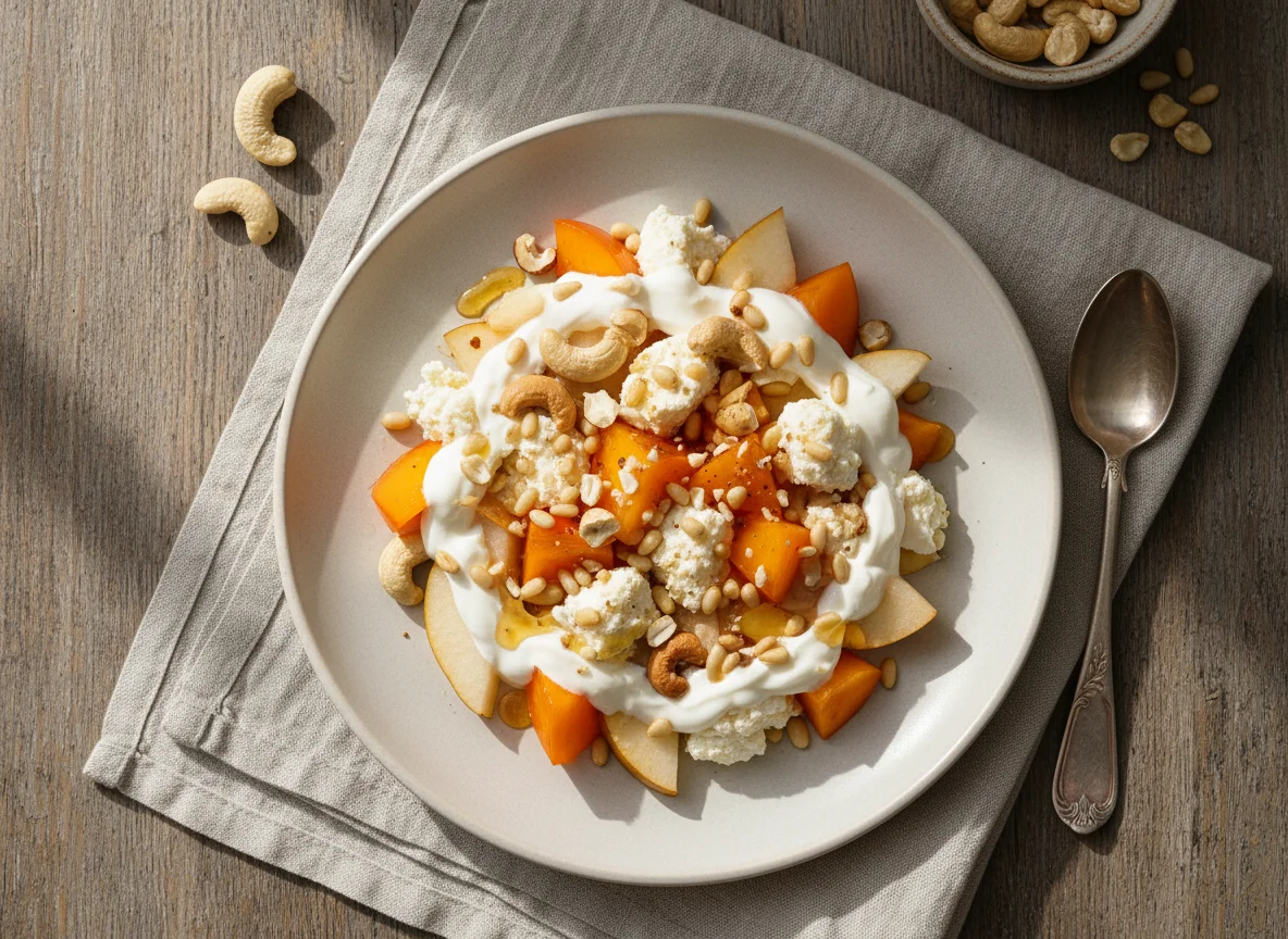 Фруктовый салат с йогуртом и орехами photo