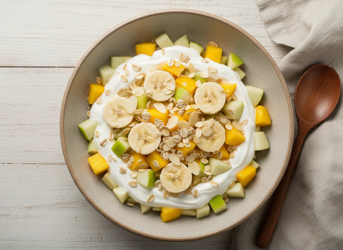 Фруктовый салат с йогуртом и овсянкой photo