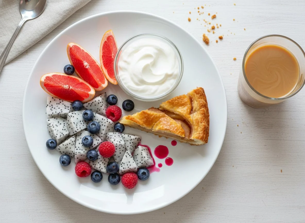 Фруктовый завтрак с пирогом и йогуртом photo