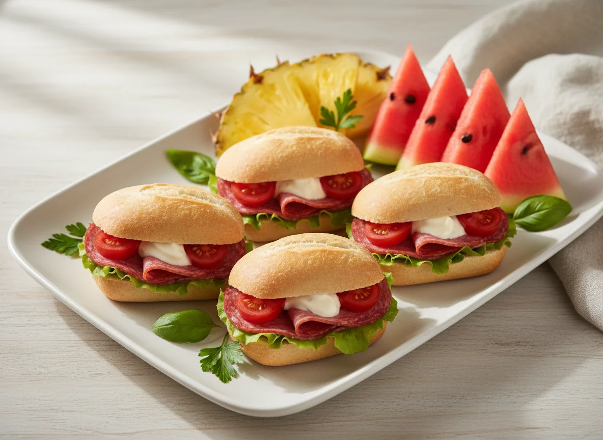 Фрукты и мини-сэндвичи photo