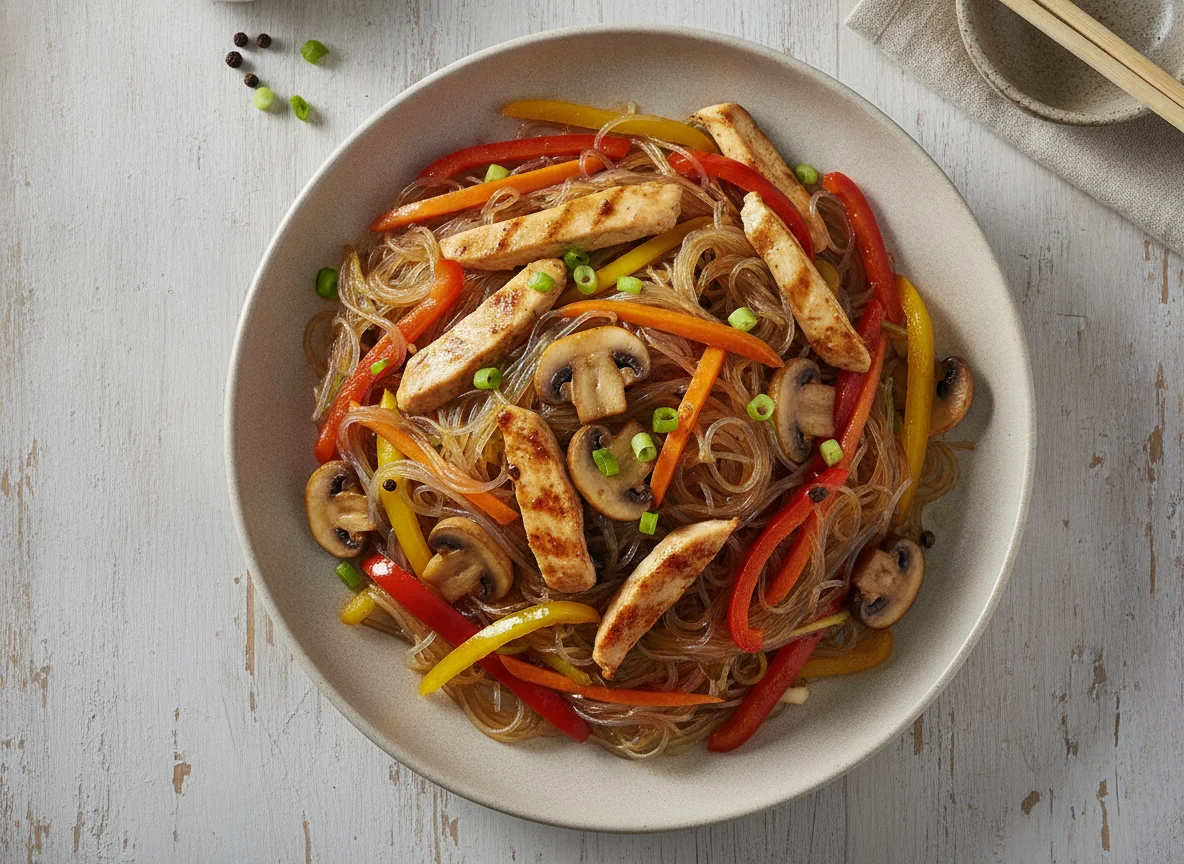 Фунчоза с курицей, грибами и овощами photo