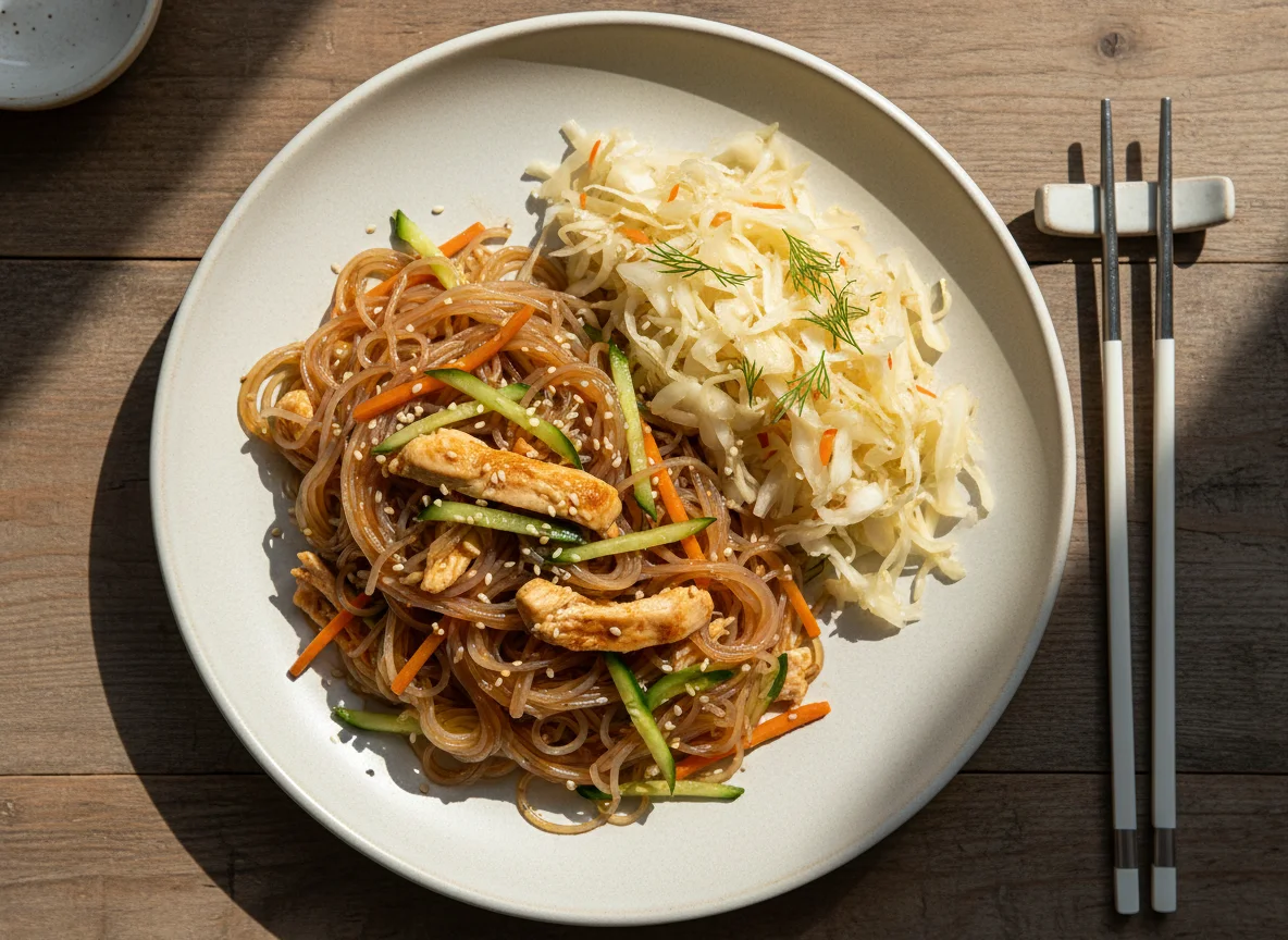 Фунчоза с курицей и квашеной капустой photo