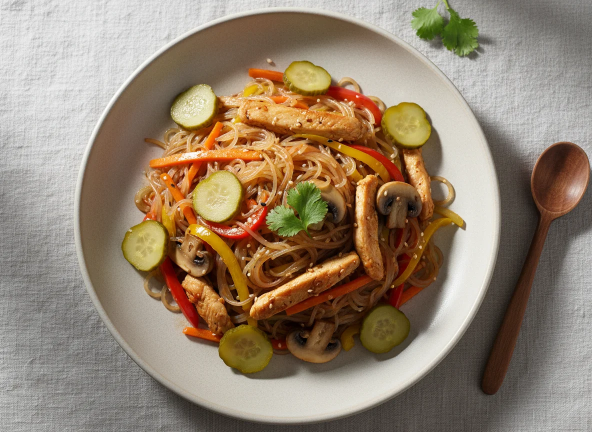 Фунчоза с курицей и овощами с маринованными огурцами photo