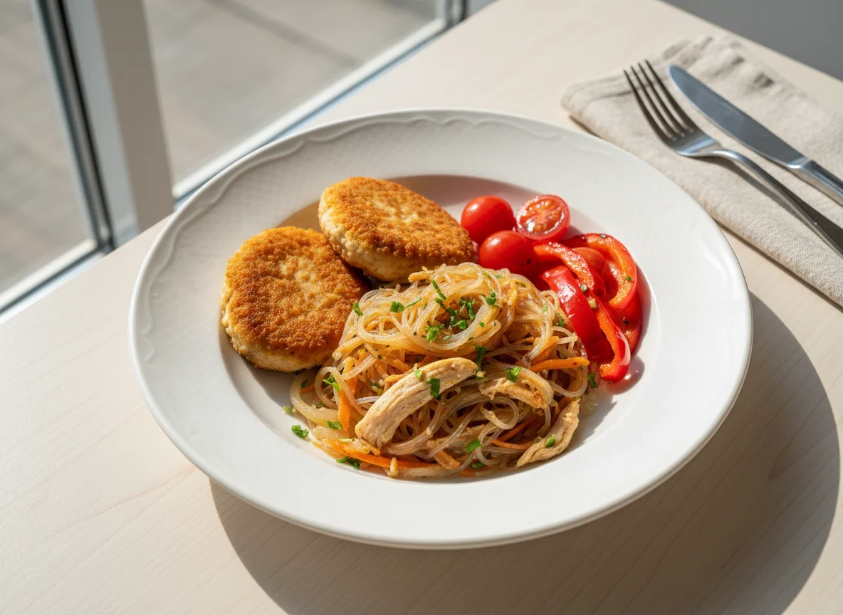 Фунчоза с курицей, котлеты и овощи photo