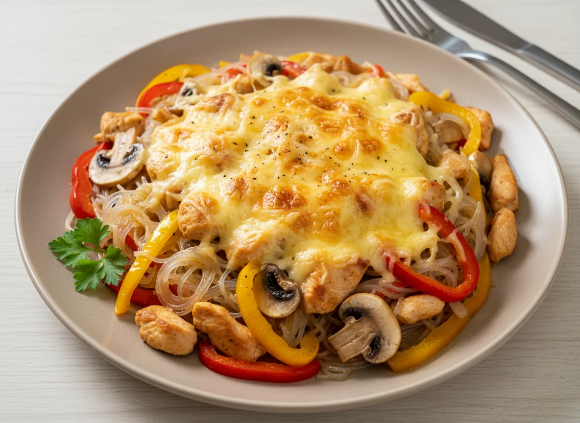 Фунчоза с мясом и овощами под сыром photo