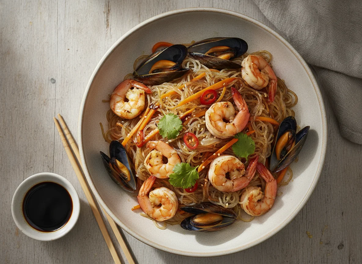Фунчоза с морепродуктами и морковью photo