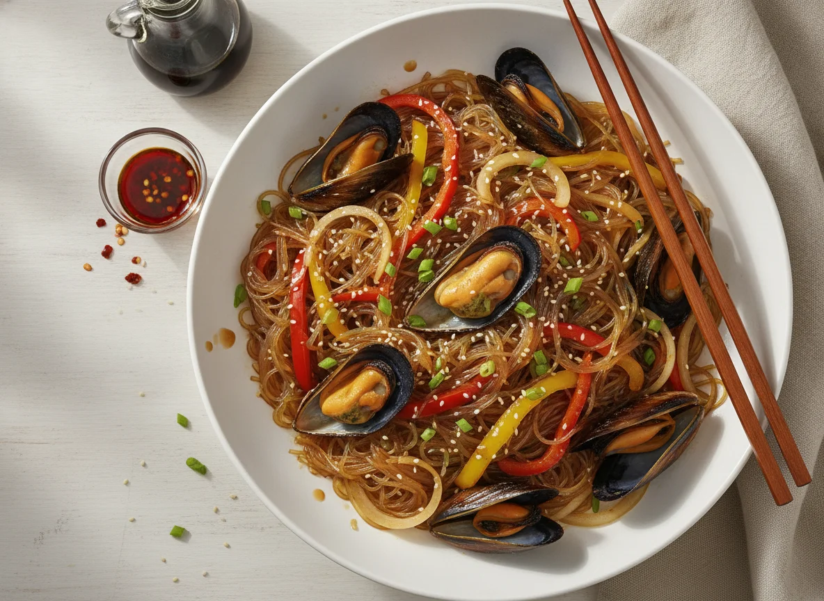 Фунчоза с морепродуктами и овощами photo