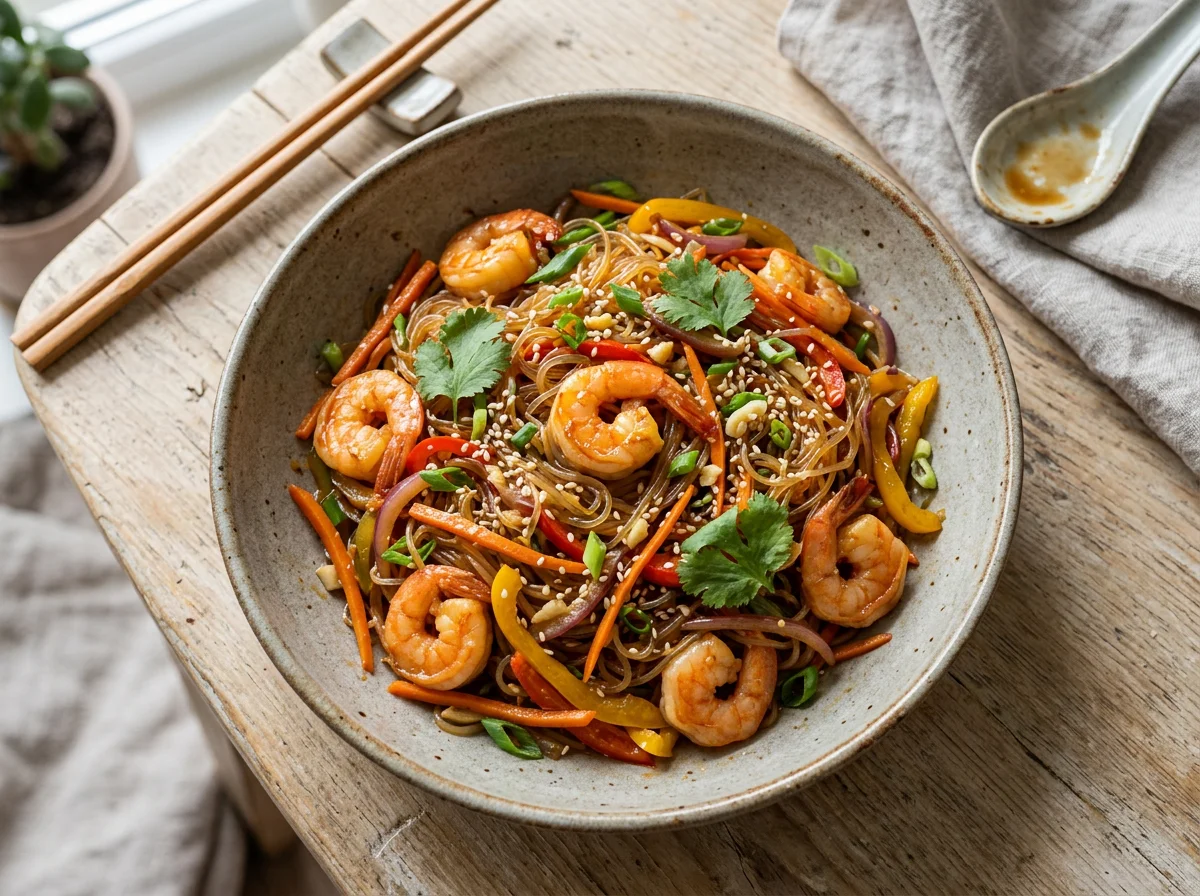 Фунчоза с овощами и креветками photo