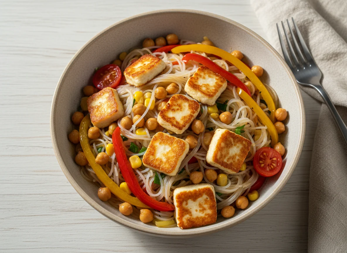 Фунчоза с овощами и жареный сыр photo