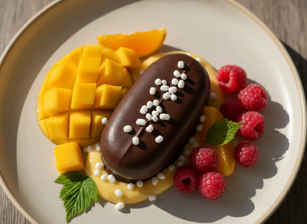 Глазированный сырок с рисовыми шариками, манго, апельсином и малиной photo