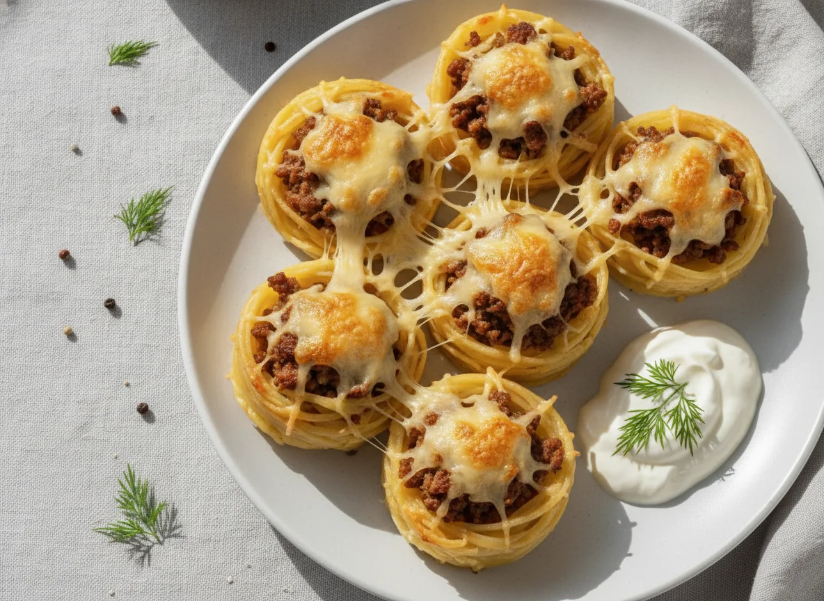 Гнезда из макарон с мясным фаршем и сыром photo