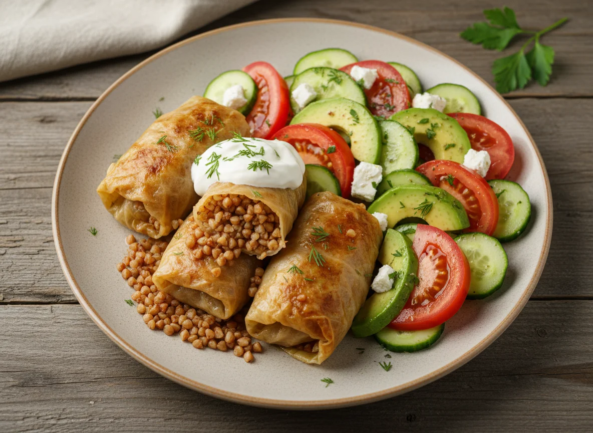 Голубцы с гречкой и овощным салатом photo