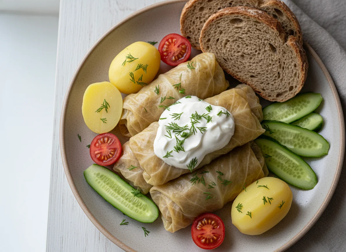 Голубцы с картофелем, хлебом и овощами photo