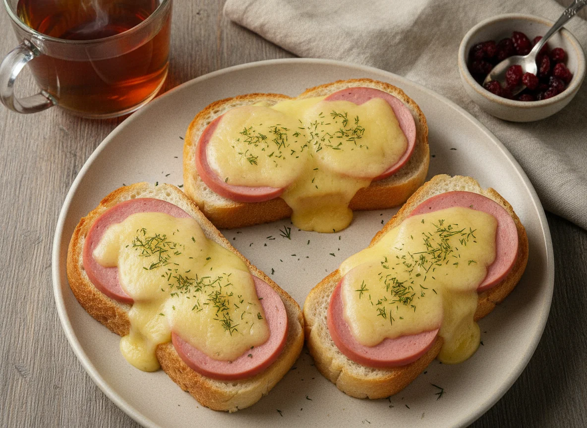 Горячие бутерброды с колбасой и сыром и чай photo