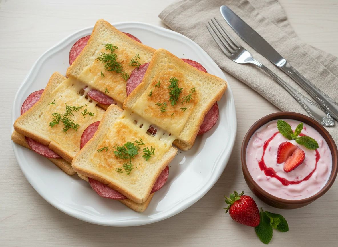 Горячие бутерброды с колбасой и сыром, творожок photo