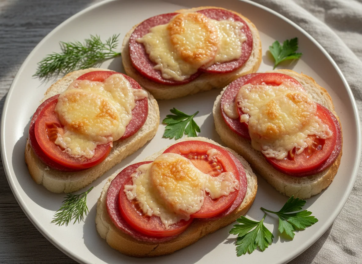 Горячие бутерброды с колбасой, помидором и сыром photo