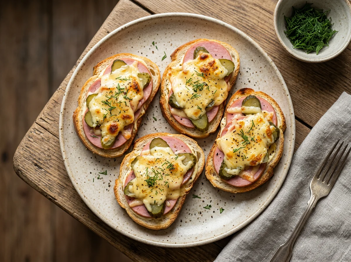 Горячие бутерброды с колбасой, сыром и огурцами photo