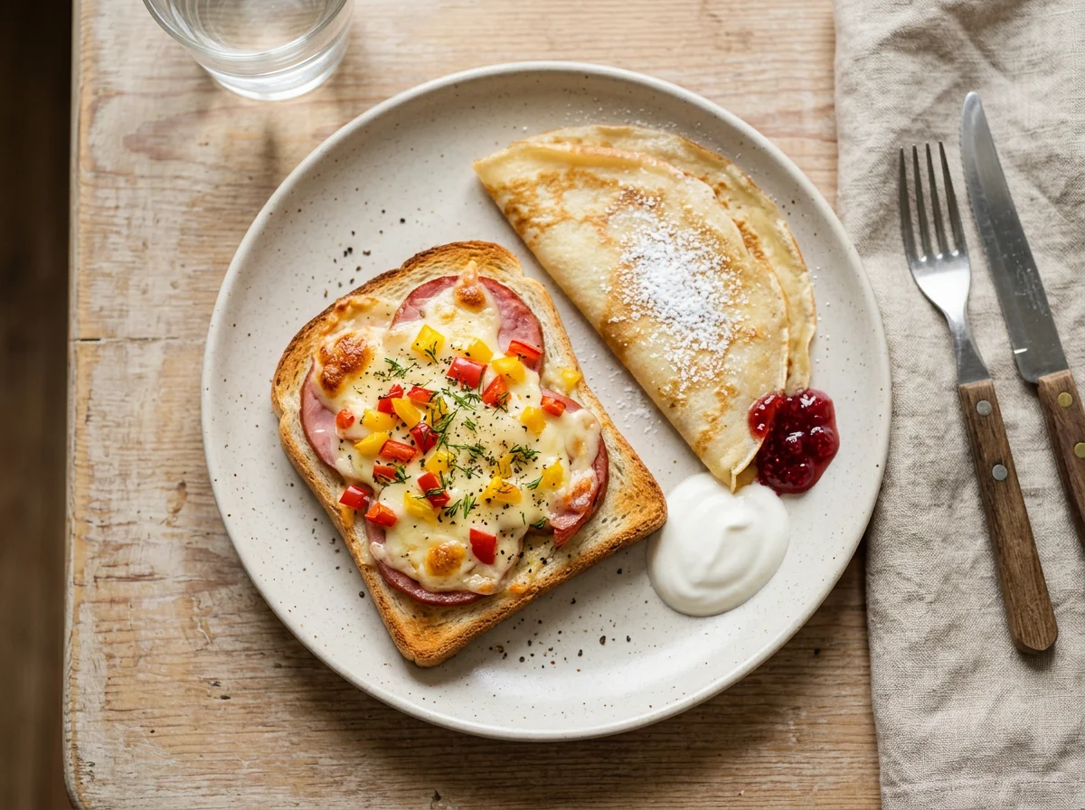 Горячий бутерброд и блинчик photo