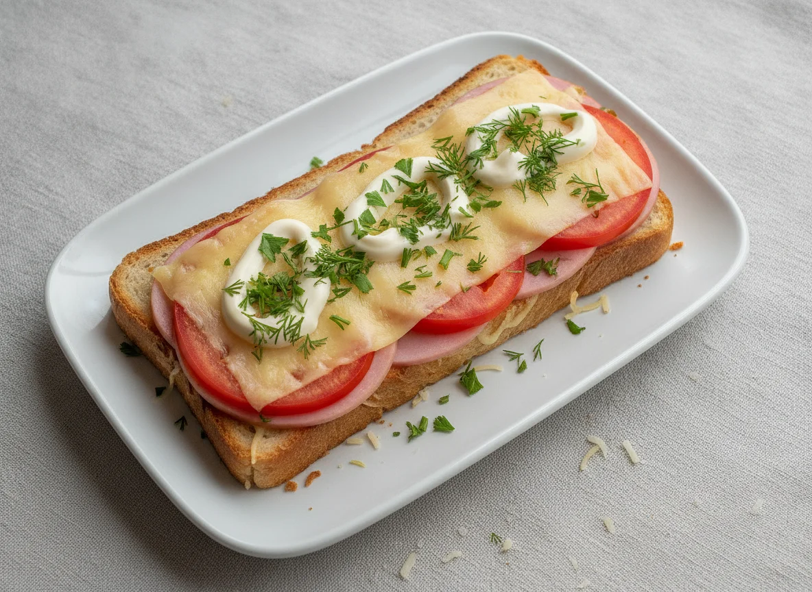 Горячий бутерброд с ветчиной, сыром и помидорами photo