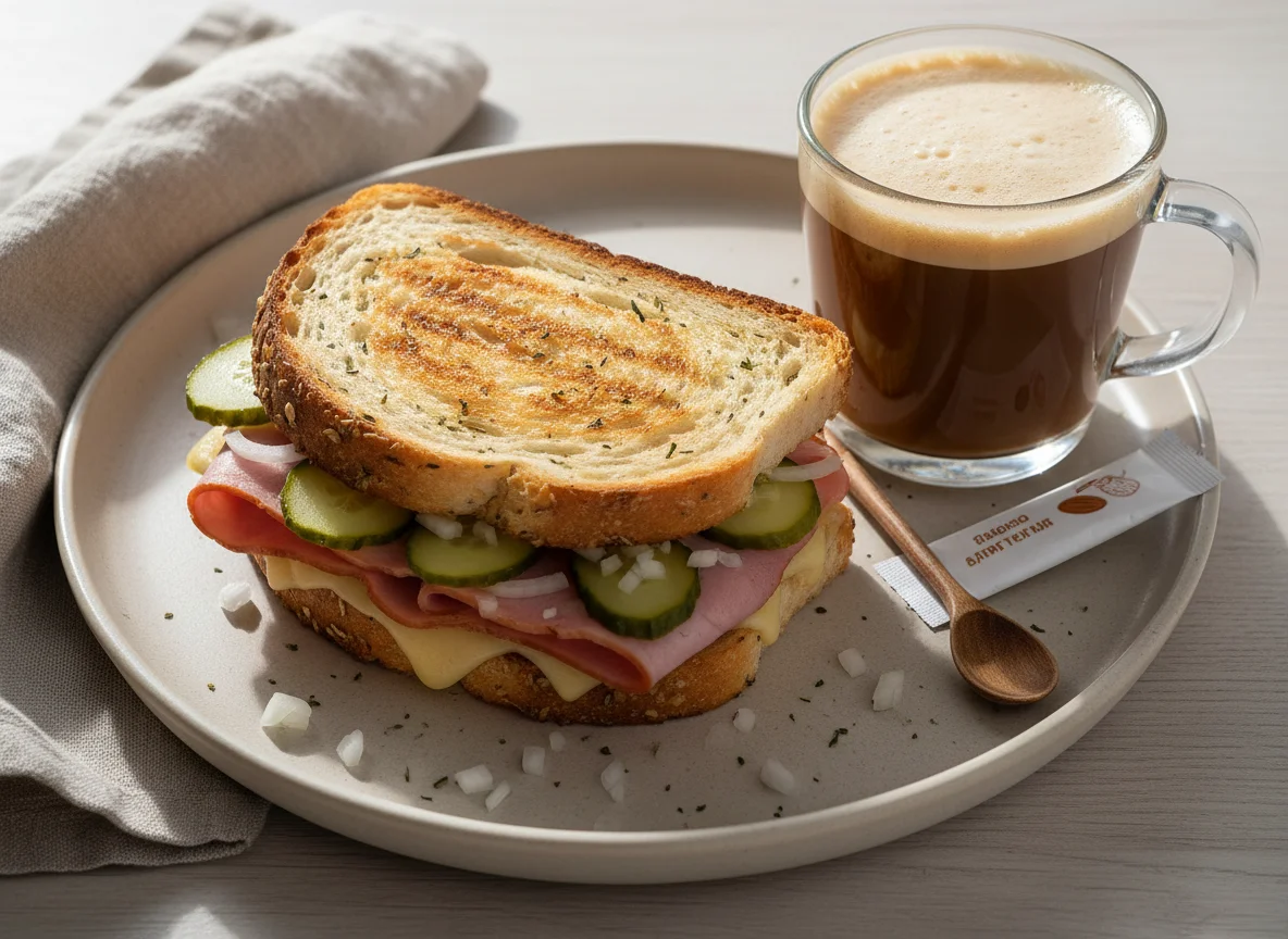 Горячий бутерброд с ветчиной, сыром, огурцами, луком и кофе с миндальным молоком photo