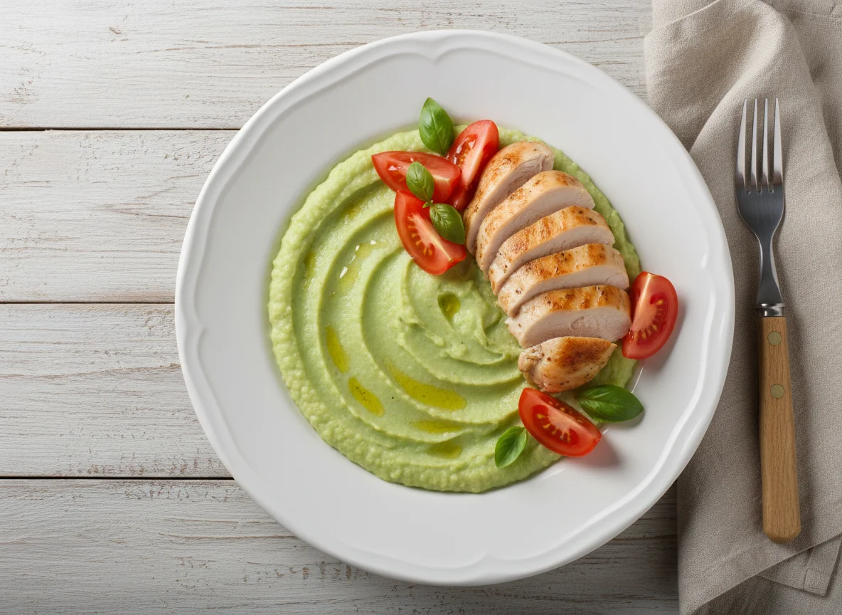 Гороховое пюре с курицей и помидорами photo