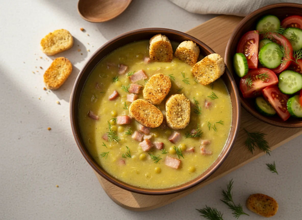 Гороховый суп с гренками и салат из помидоров photo