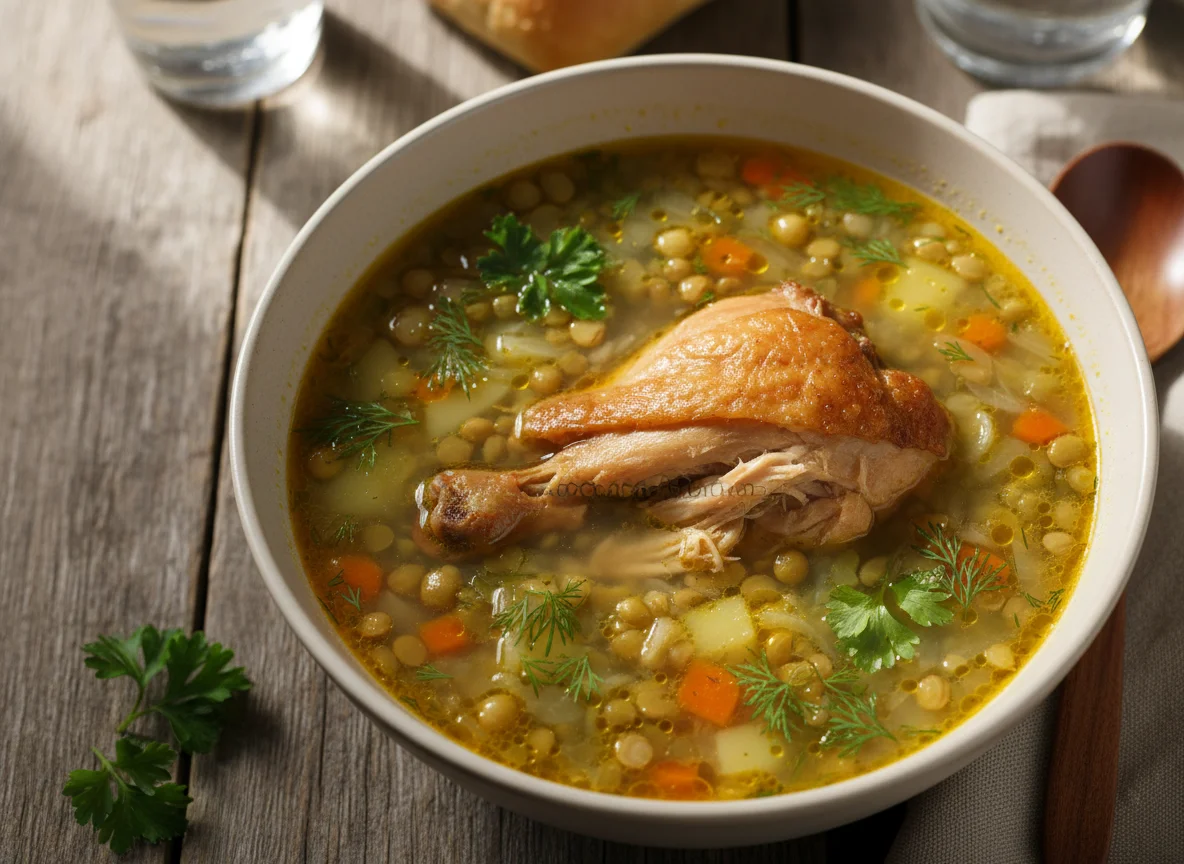 Гороховый суп с копченым куриным бедром photo