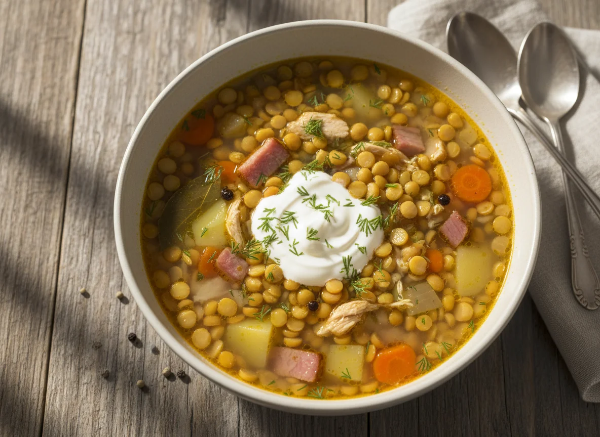 Гороховый суп с мясом и сметаной photo