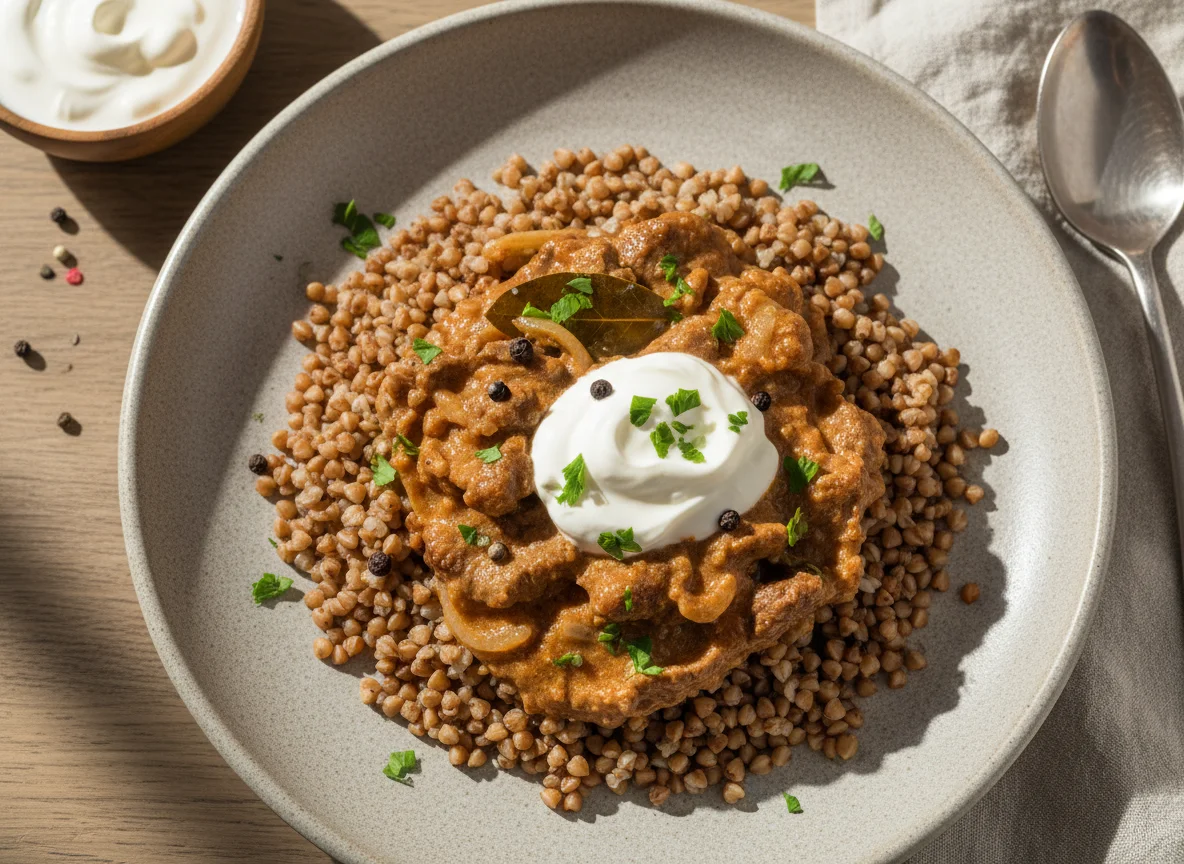 Говядина по-строгановски с гречневой кашей photo
