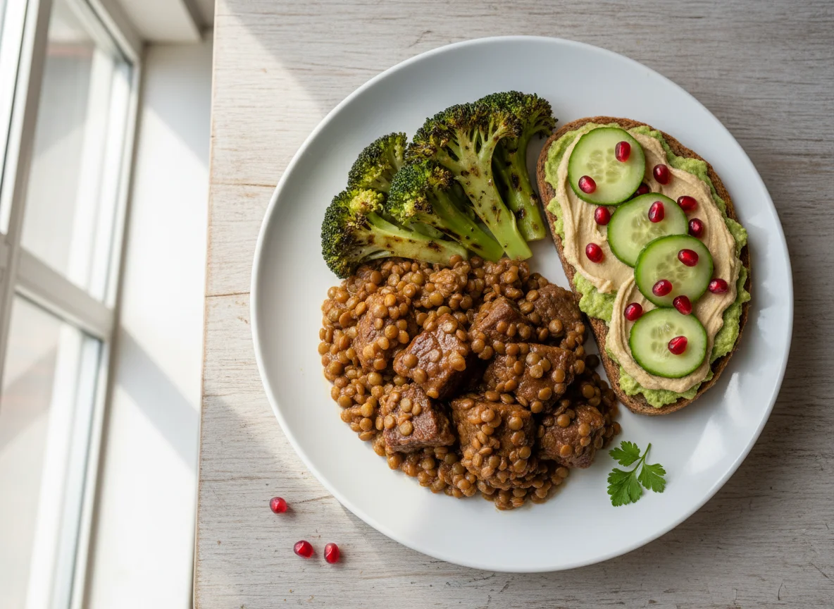 Говядина с чечевицей, брокколи и тостом с авокадо photo