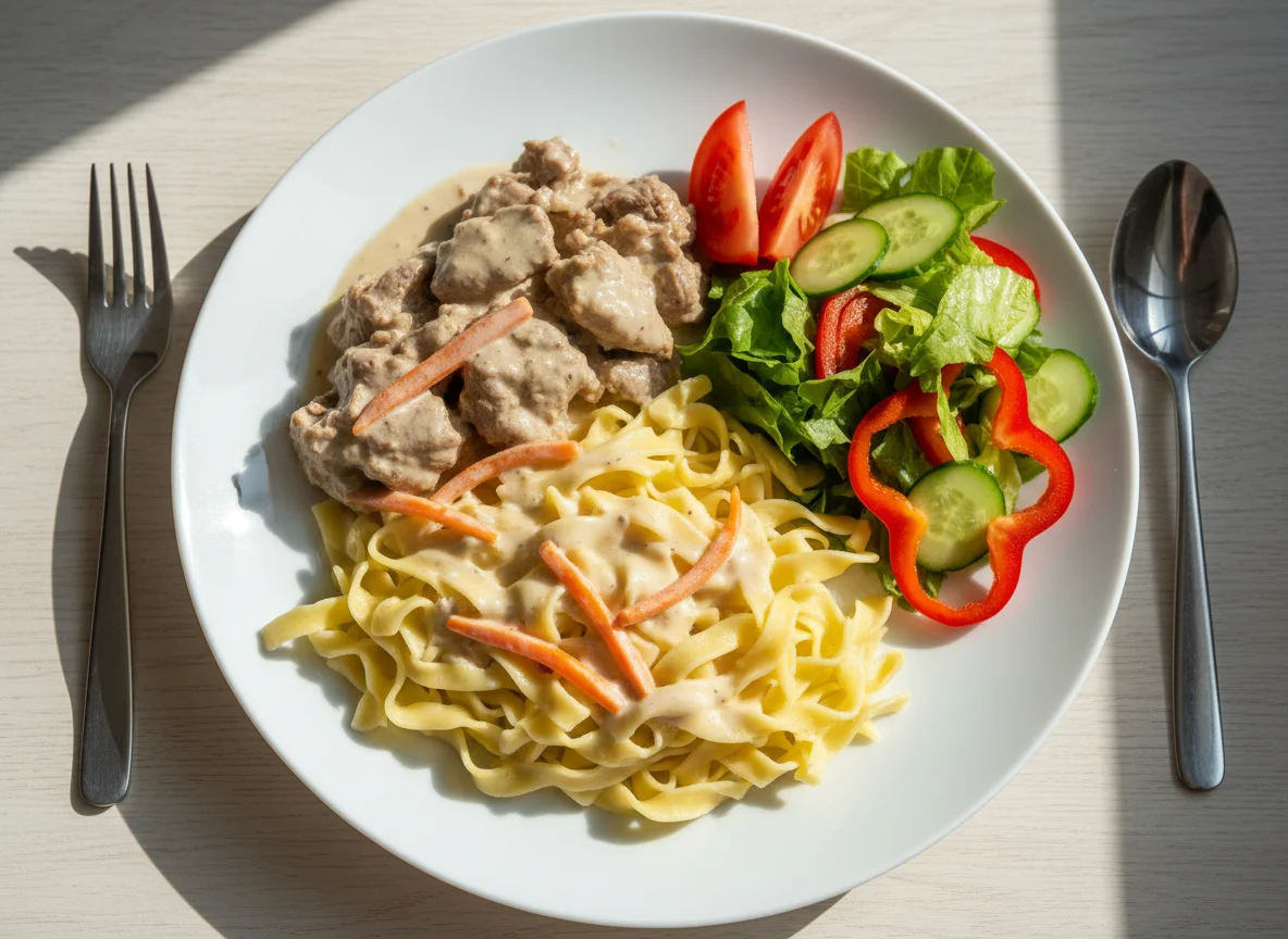 Говядина с лапшой и овощным салатом photo