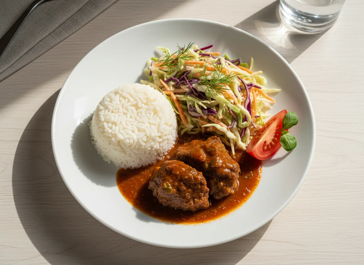 Говядина с рисом и капустным салатом photo