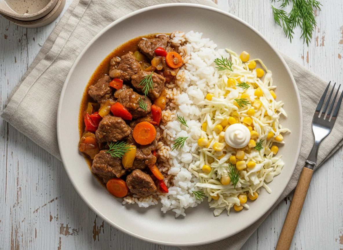 Говядина с рисом и овощами и салат photo