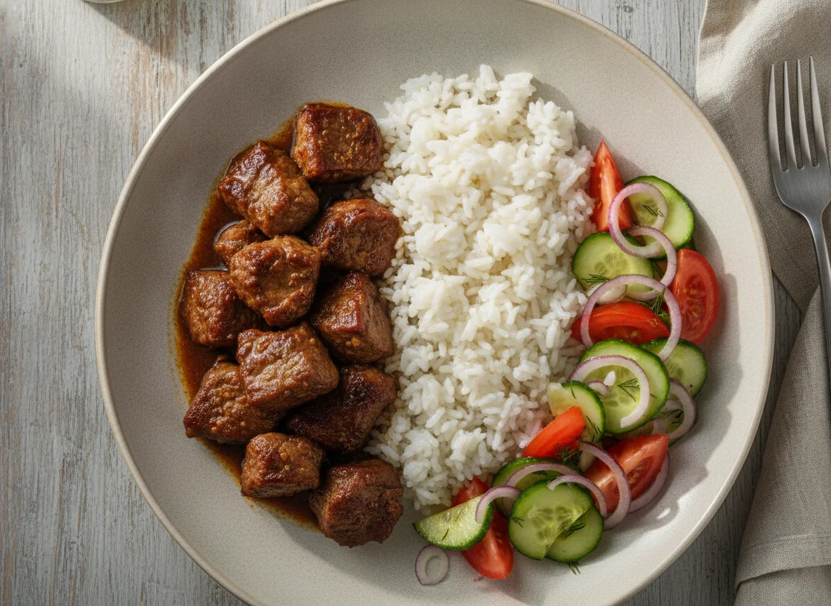 Говядина с рисом и овощным салатом photo
