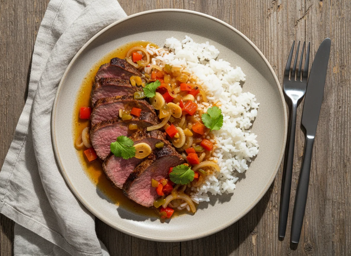 Говядина Су-вид с отварным рисом под кисло-сладким соусом photo