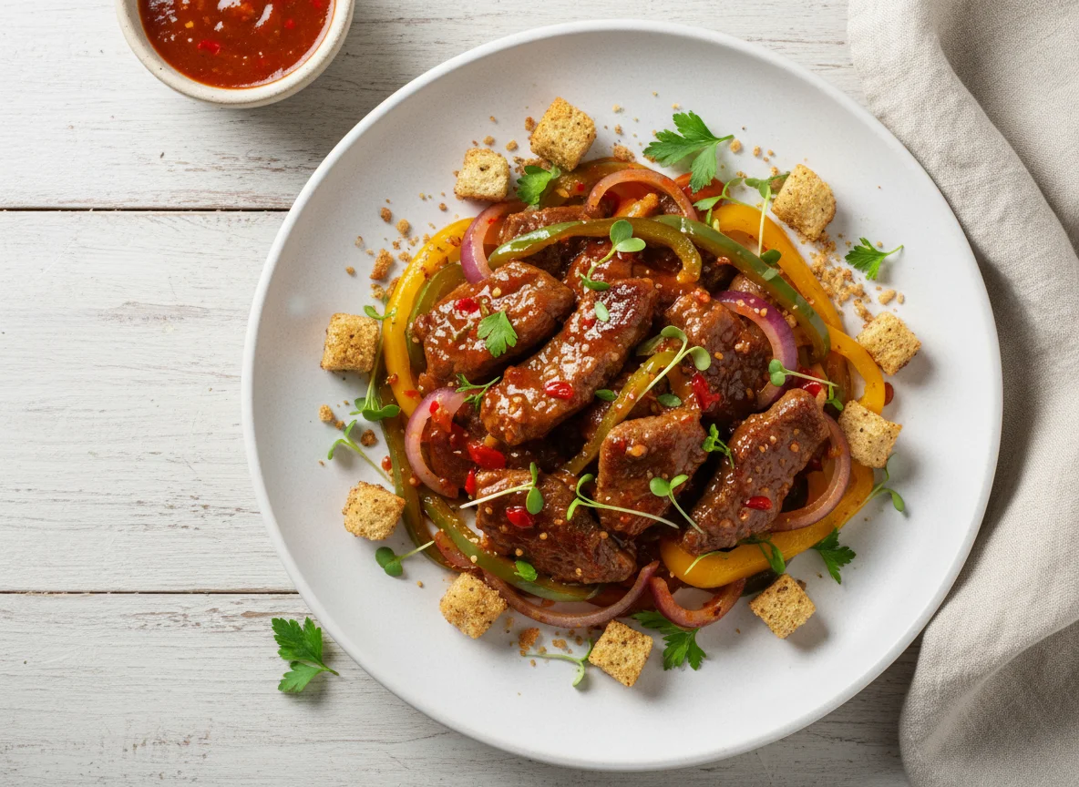 Говядина в соусе с овощами и гренками photo