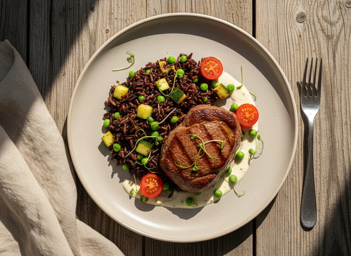 Говяжье филе с гарниром из дикого риса и овощей photo