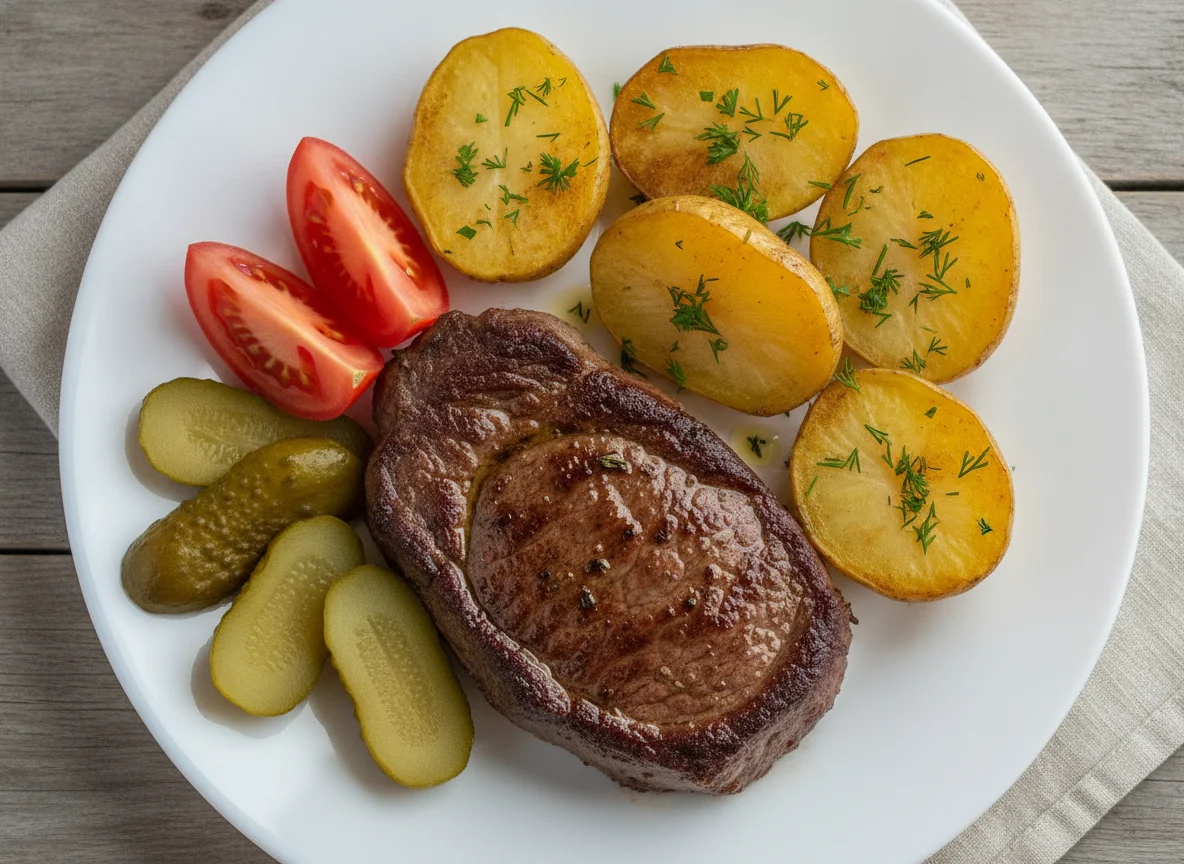 Говяжий стейк с запеченным картофелем и овощами photo