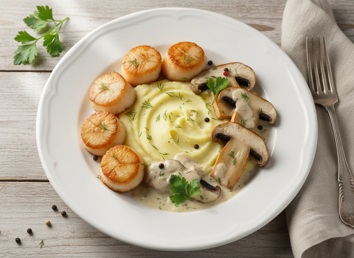 Гребешки с белыми грибами photo