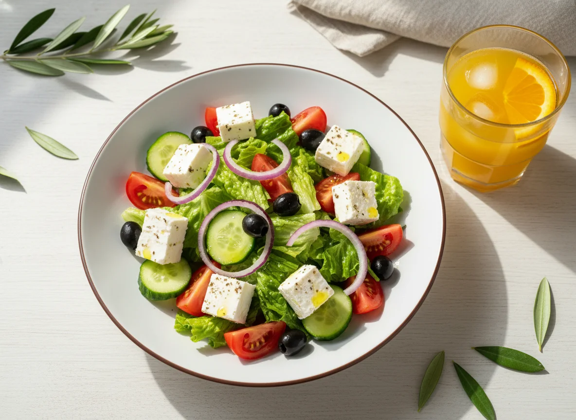 Греческий салат и апельсиновый сок photo