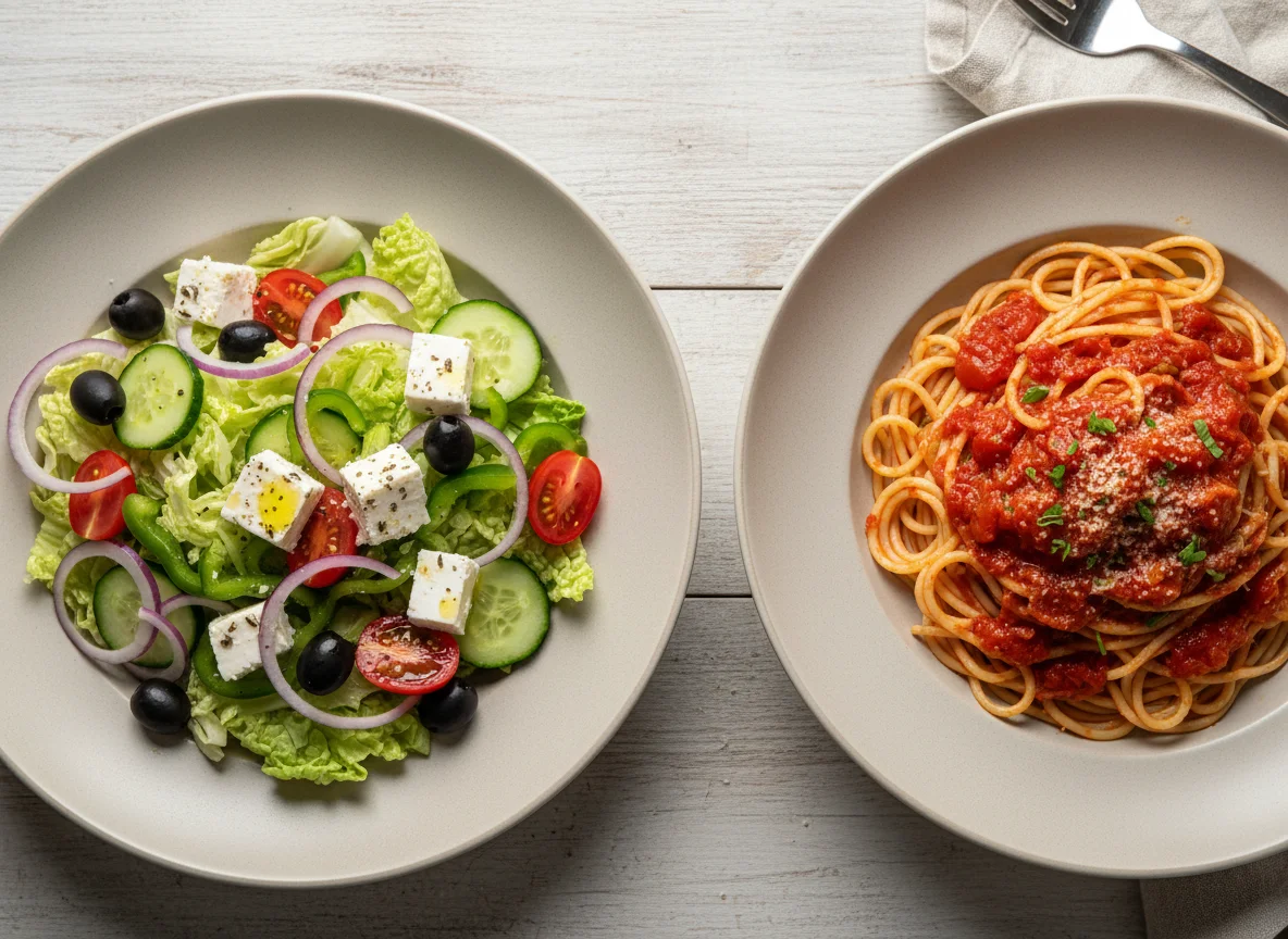 Греческий салат и спагетти с томатным соусом photo