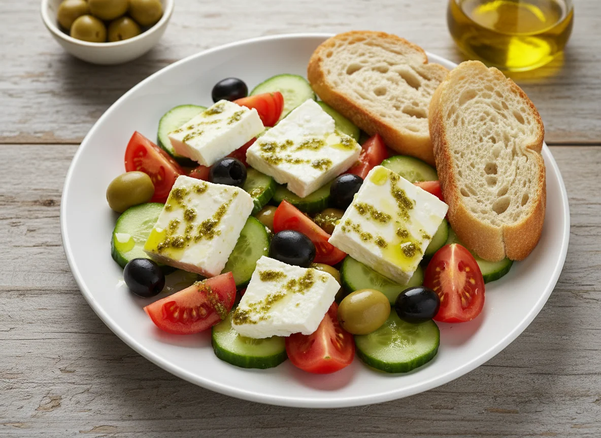 Греческий салат с фетой и багетом photo