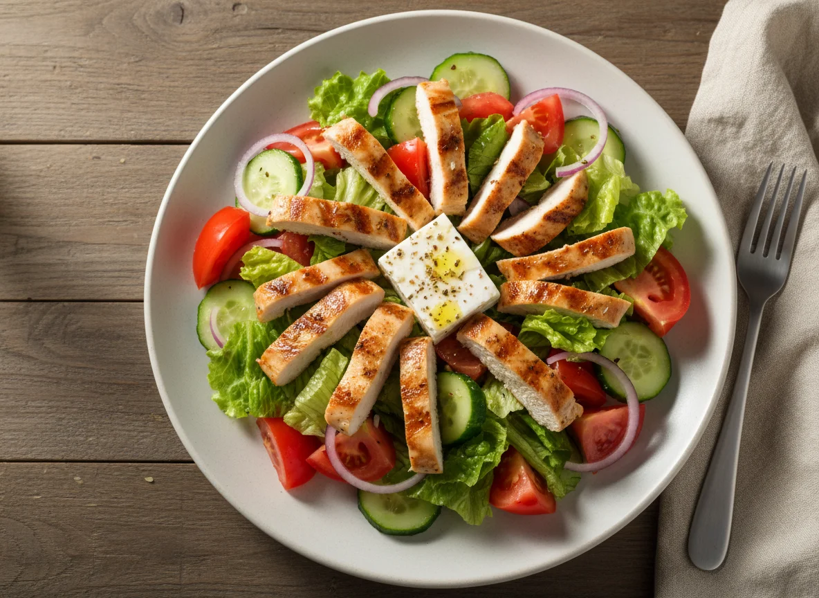 Греческий салат с курицей гриль photo