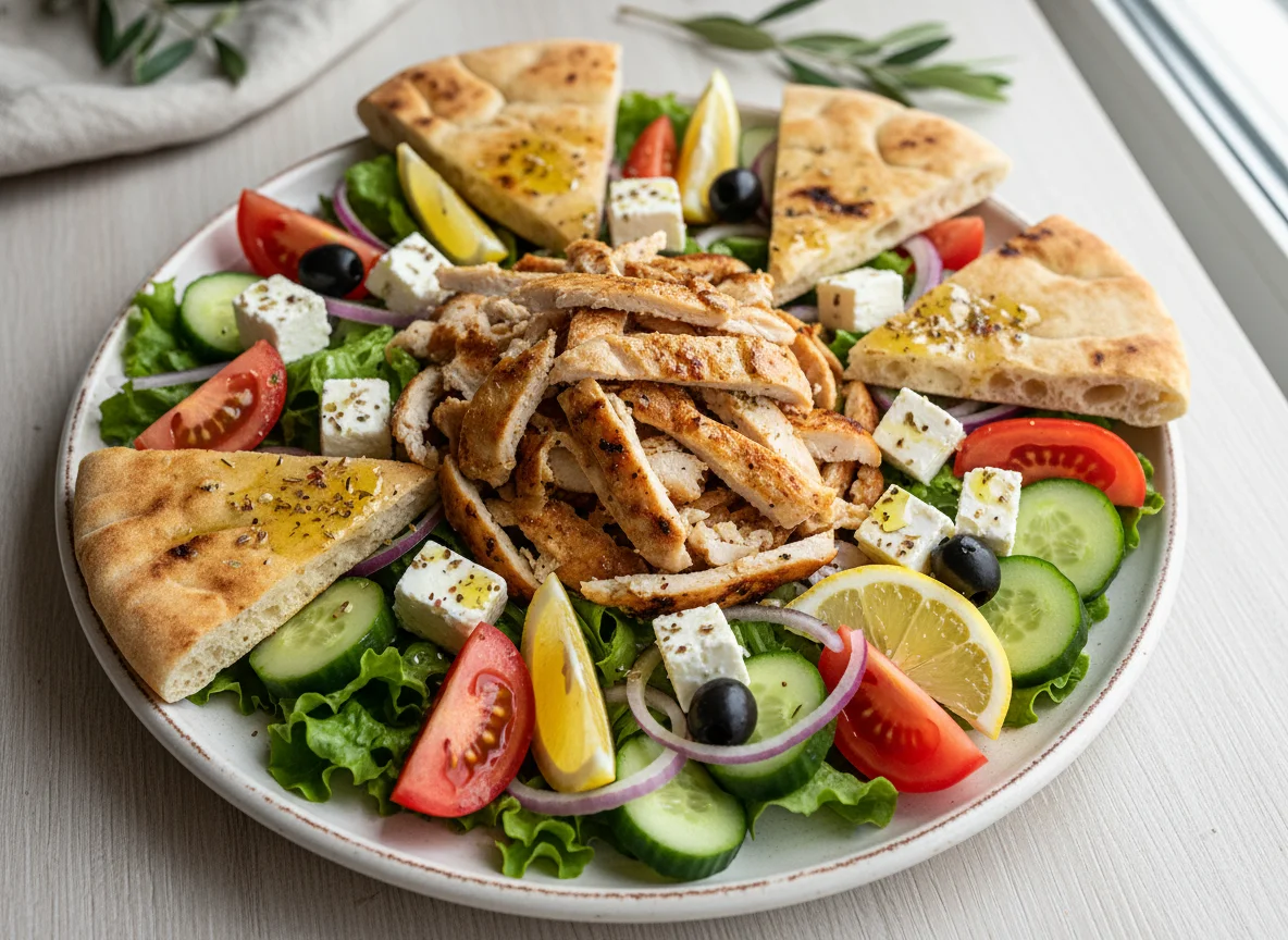 Греческий салат с курицей и питой photo